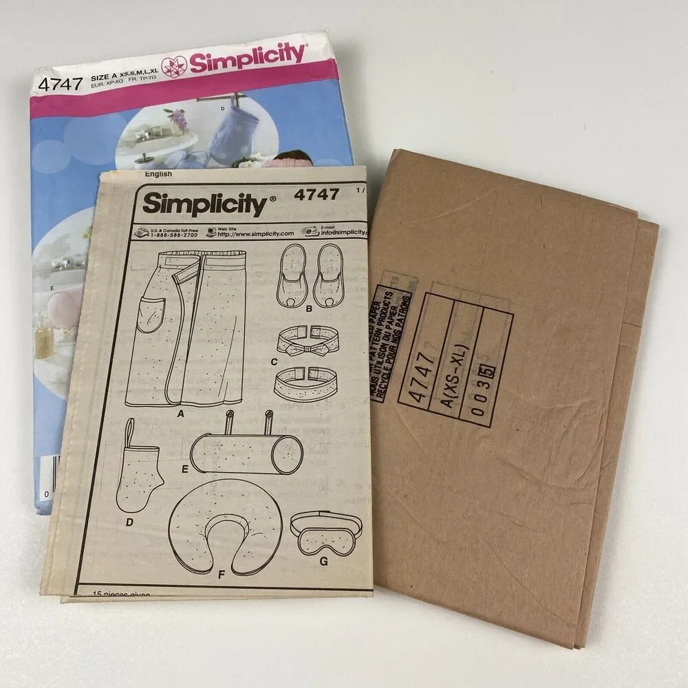 Simplicity 4747 Sewing Pattern Towel Wrap Headband Slippers y2k Sz XS-XL UNCUT